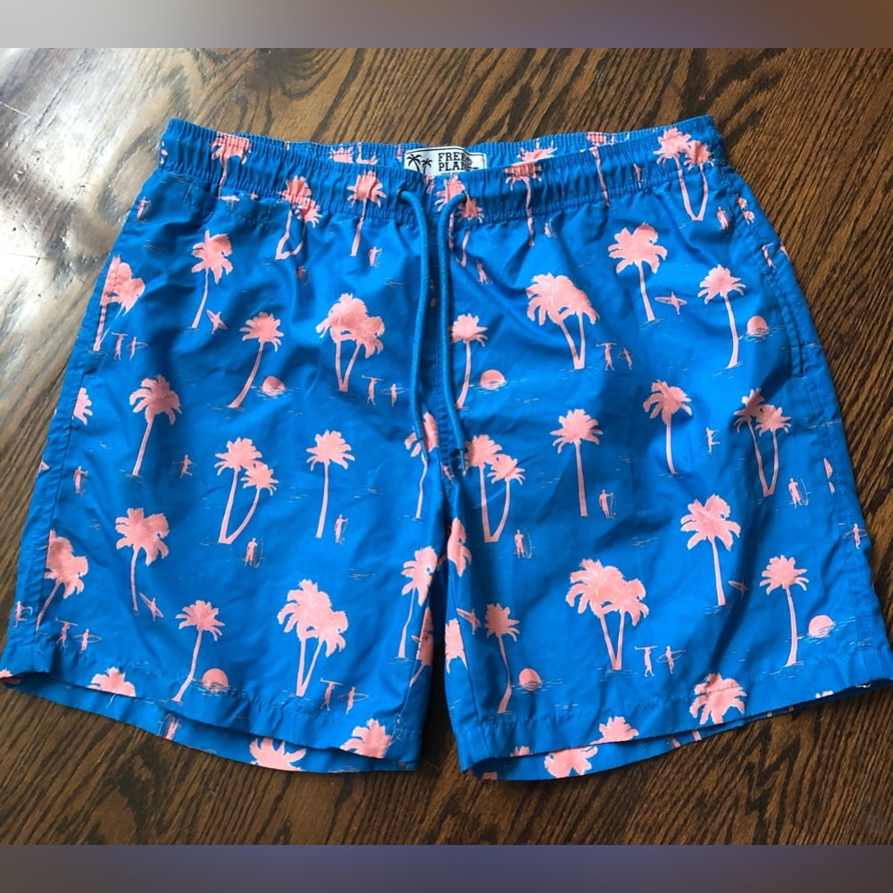 Free Planet Mens Medium 36" Waist Swim Trunks Board Shorts Blue With Palm Trees